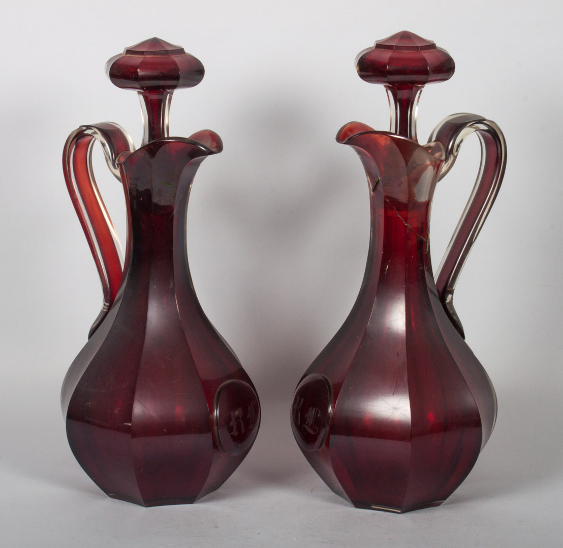 Appraisal: Pair of Bohemian ruby glass claret jugs first quarter- th