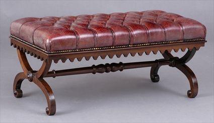 Appraisal: VICTORIAN-STYLE ROSEWOOD CURULE STOOL The rectangular tufted seat above arcaded