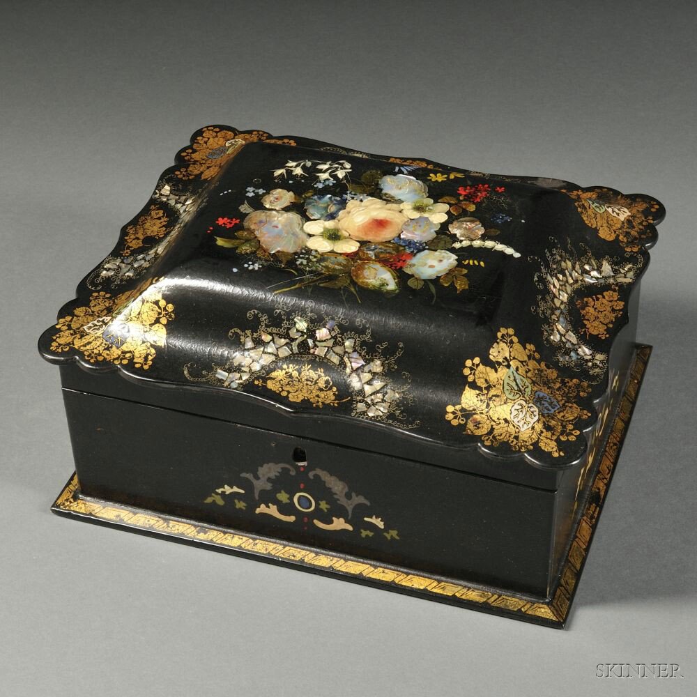 Appraisal: Victorian Enameled Gilded and Mother-of-pearl-inlaid Papier-m ch Sewing Box late