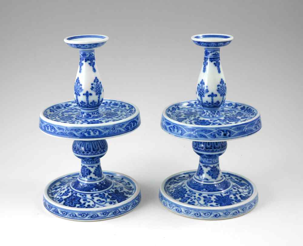 Appraisal: PAIR CHINESE BLUE AND WHITE PORCELAIN CANDLE STANDS '' tall