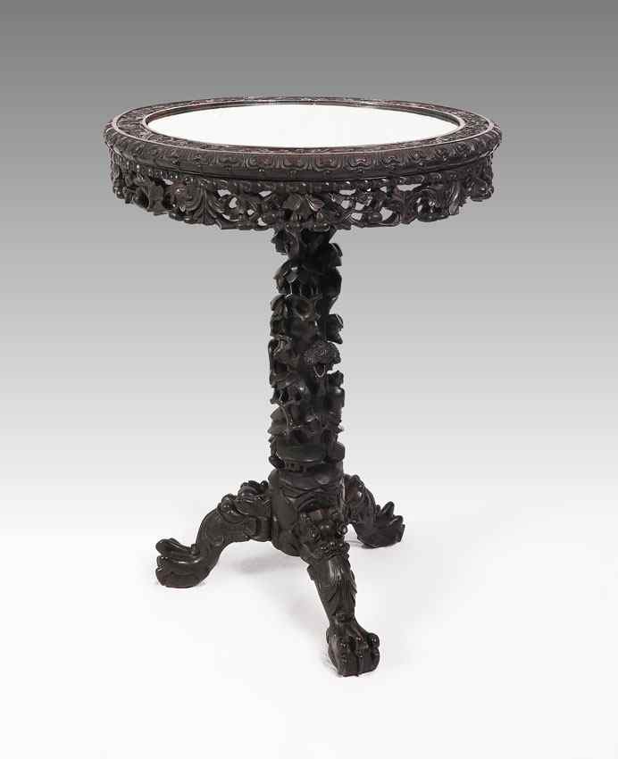 Appraisal: ORIENTAL CARVED MIRROR INSET SIDE TABLE Carved rim with carved