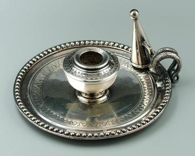 Appraisal: Silver plated chamber stick round with urn form socket beaded