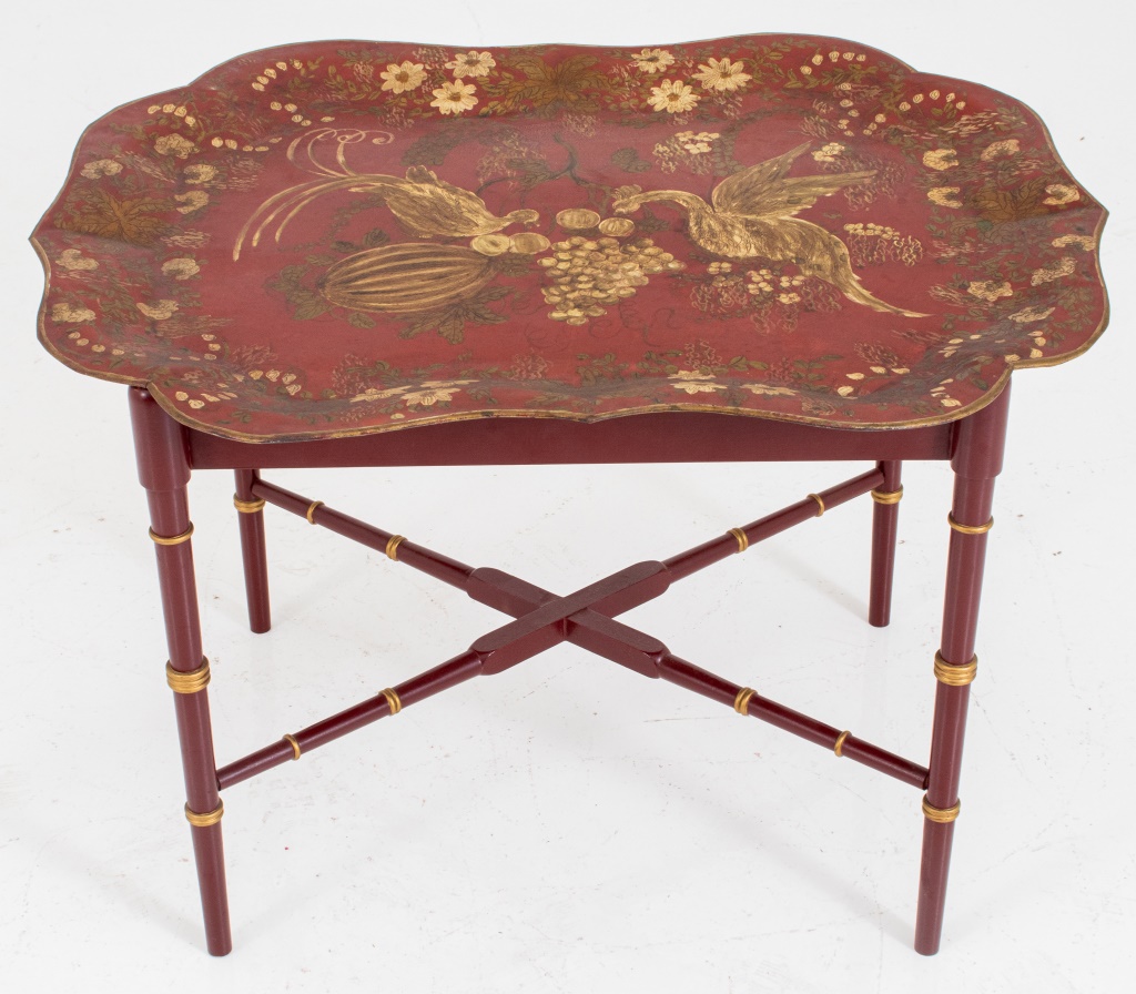 Appraisal: RED AND GOLD PAINTED TOLE PEINTE TRAY SIDE TABLE Red