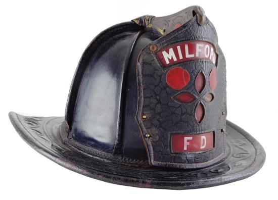 Appraisal: Early th C fireman's helmet Milford Fire Department embossed leather