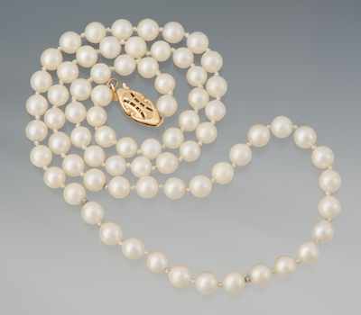 Appraisal: A Ladies' Strand of Saltwater Cultured Pearls k yellow gold