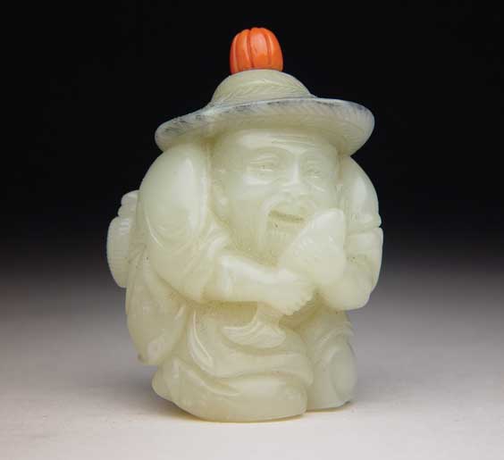 Appraisal: CARVED JADE SNUFF BOTTLE Finely carved celadon jade snuff bottle