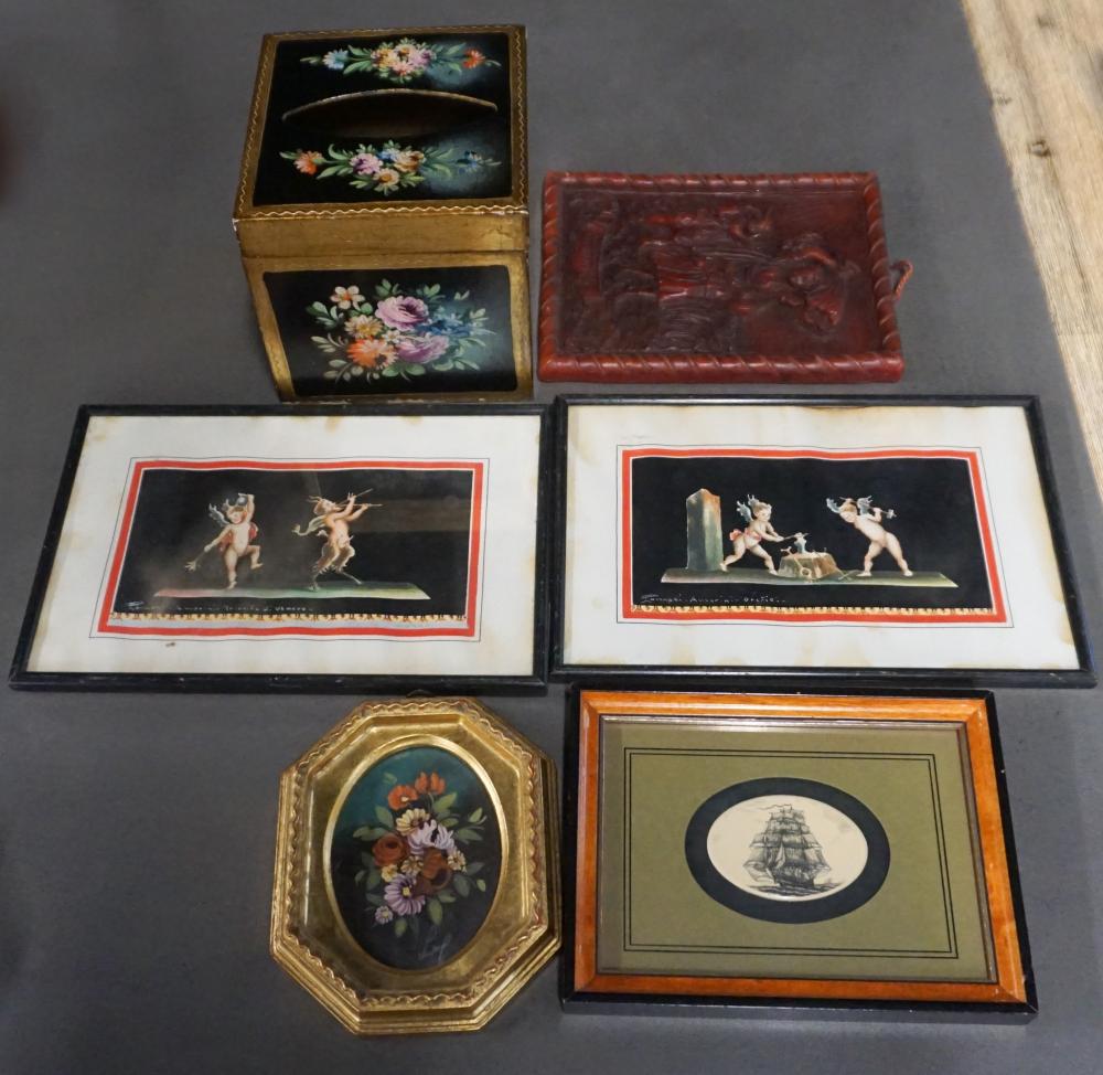 Appraisal: GROUP WITH FOUR MINIATURE PAINTINGS AND A GILT PAINTED TISSUE