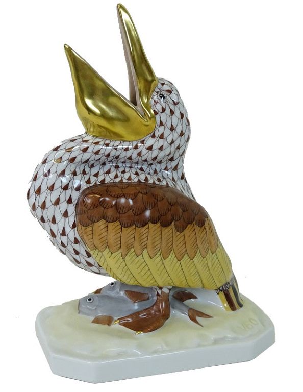 Appraisal: Herend Porcelain Brown Fishnet Pelican Figurine Herend Porcelain Brown Fishnet