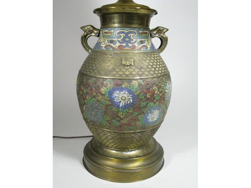 Appraisal: Oriental Champleve Table Lamp vase converted double handled attractive silk