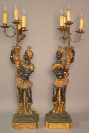 Appraisal: PAIR OF CARVED AND PAINTED BLACKAMOOR CANDELABRA in turbans and