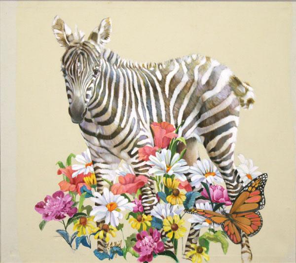 Appraisal: Nancy Noel Zebra on floral-scape with butterfly LARGE oil on