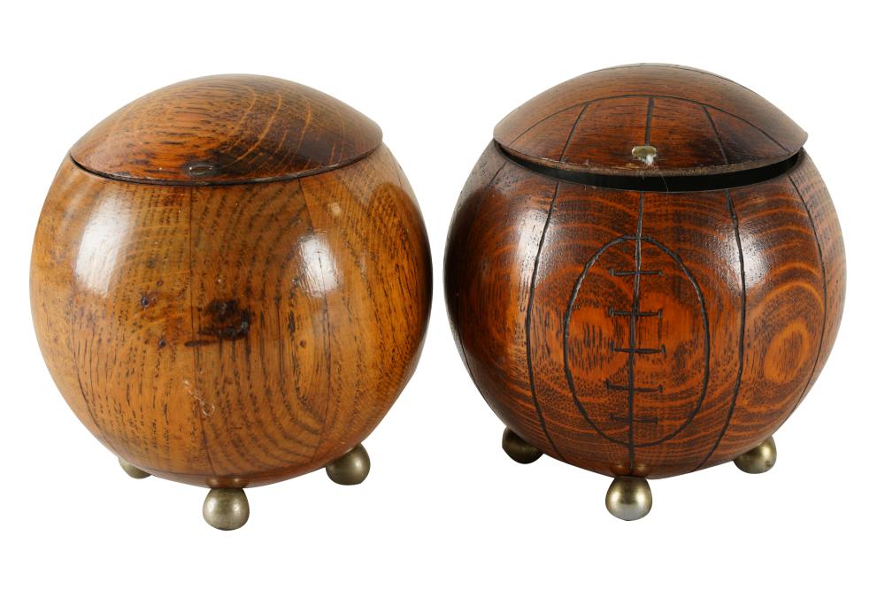 Appraisal: TWO ENGLISH OAK HUMIDORSeach spherical on brass ball feet Condition