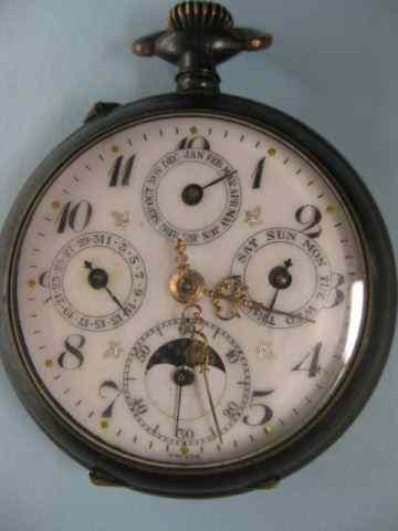 Appraisal: Swiss Complicated Pocketwatch open face gun metal case size circa