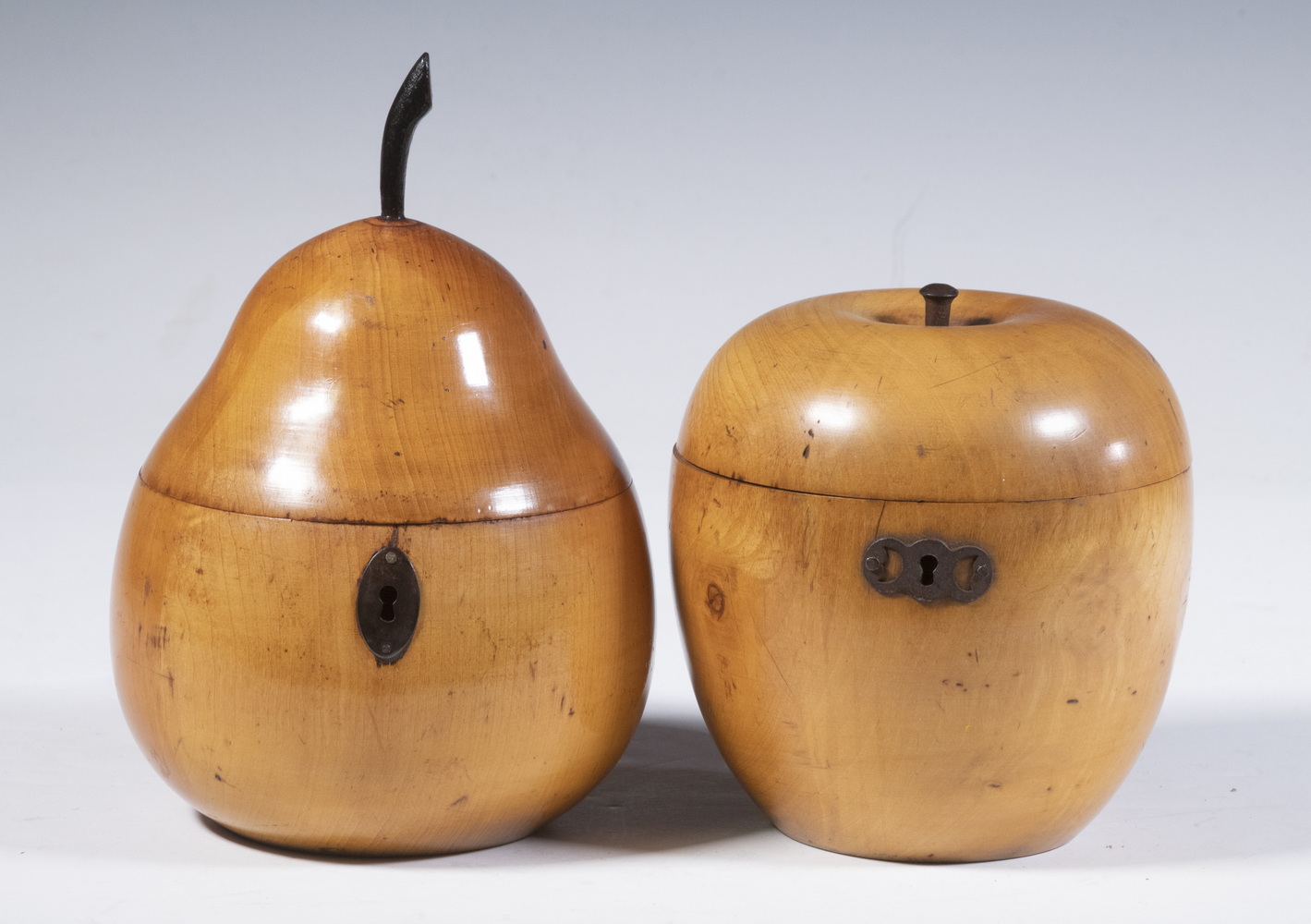 Appraisal: ENGLISH APPLE AND PEAR FORM TEA CADDIES Lot of Early