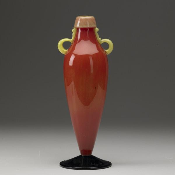 Appraisal: SCHNEIDER Red tango vase with applied yellow collar and handles