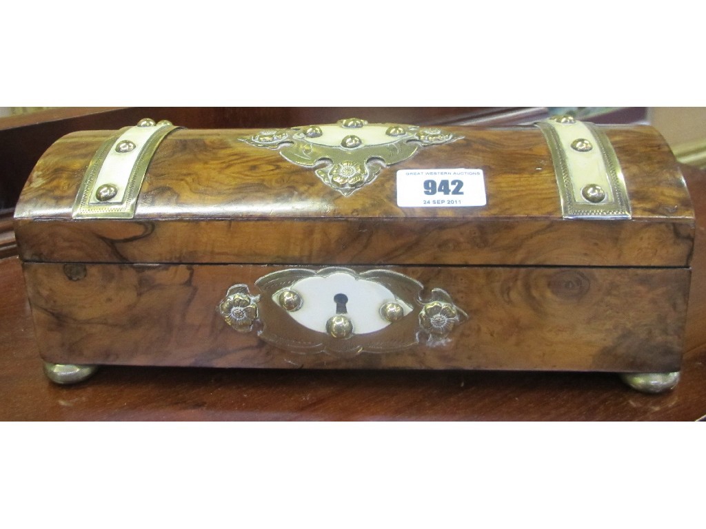 Appraisal: Victorian burr walnut and brass bound glove box