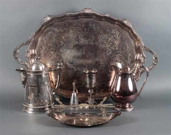 Appraisal: Seven silver-plated articles comprising two-handled tray Egyptian Revival insulated kettle