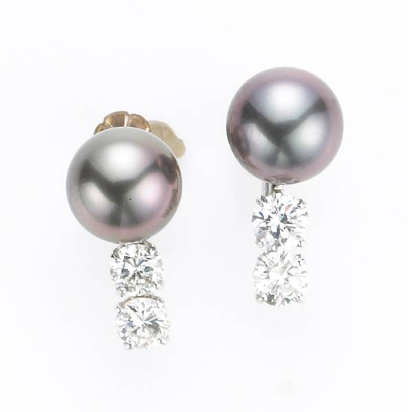 Appraisal: A pair of Tahitian cultured pearl and diamond screw-back earrings