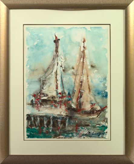 Appraisal: American School Contemporary Sailboats watercolor on paper x Unglazed and