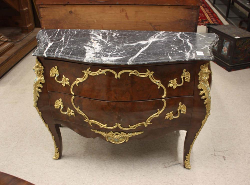 Appraisal: LOUIS XV STYLE MARBLE-TOP BOMBE COMMODE a -drawer type of