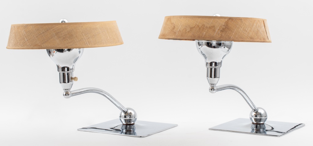 Appraisal: ART DECO CHROME TABLE LAMPS WITH LINEN SHADES PR Pair