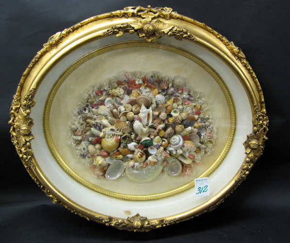 Appraisal: SEA SHELLS MOUNTED ON PANEL in gilt wood oval Victorian