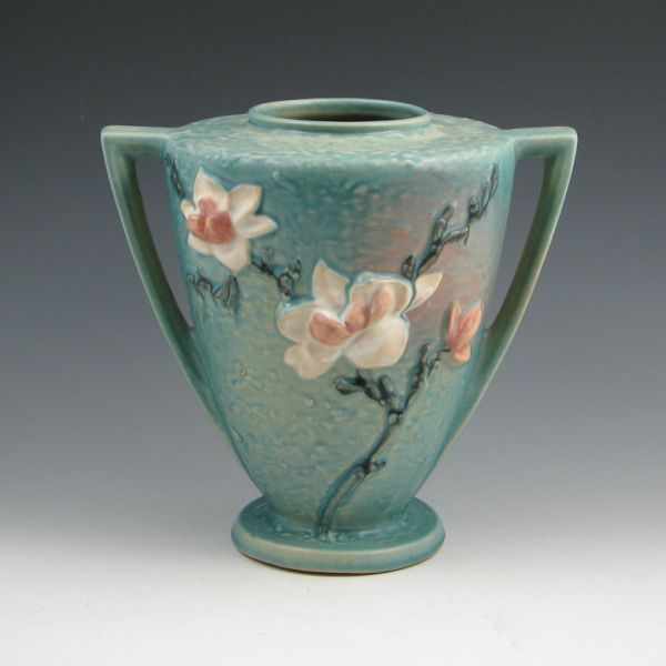 Appraisal: Roseville Magnolia handled vase in blue Marked Roseville USA -