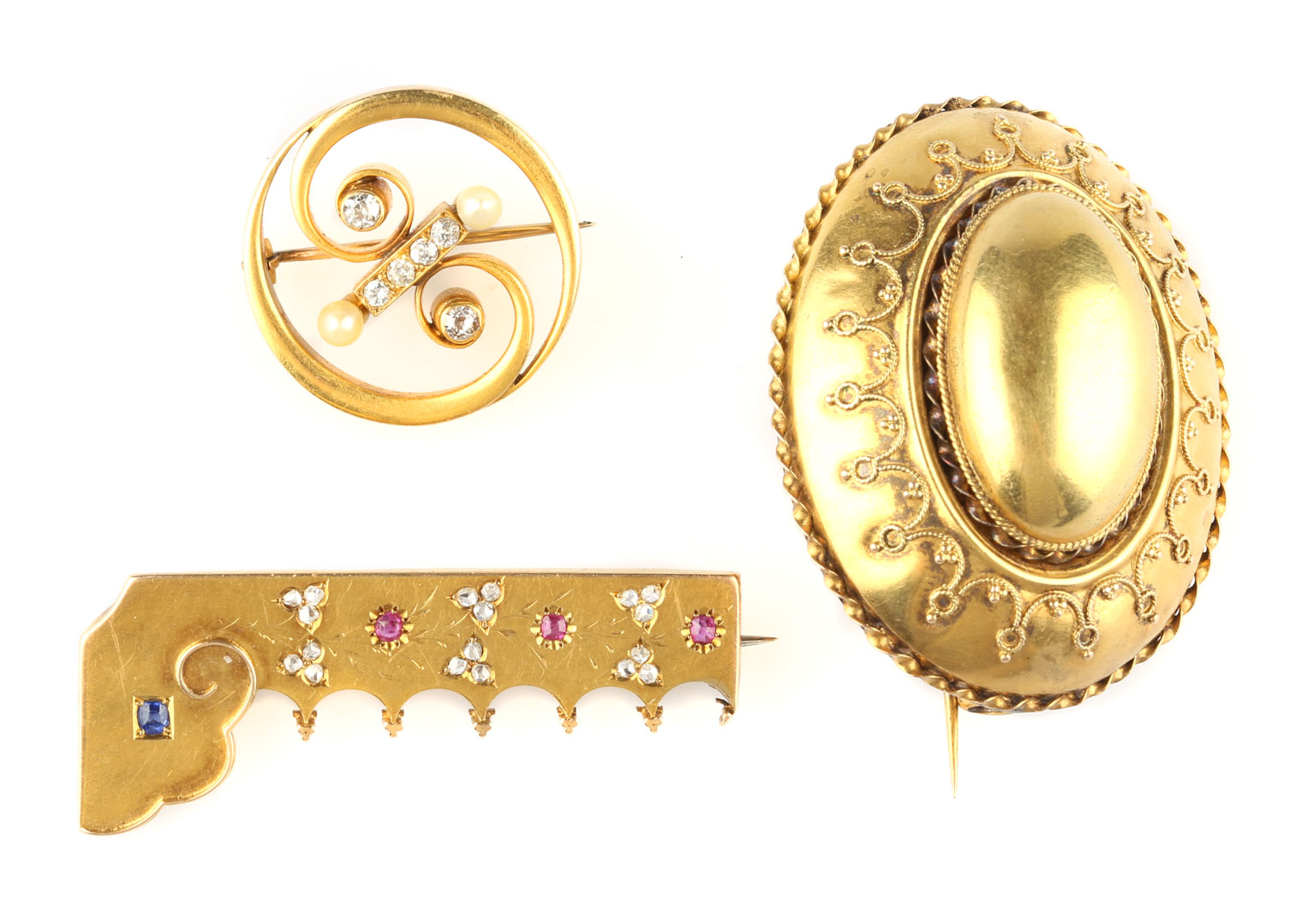 Appraisal: Three Gold Brooches K round brooch with diamonds and pearls