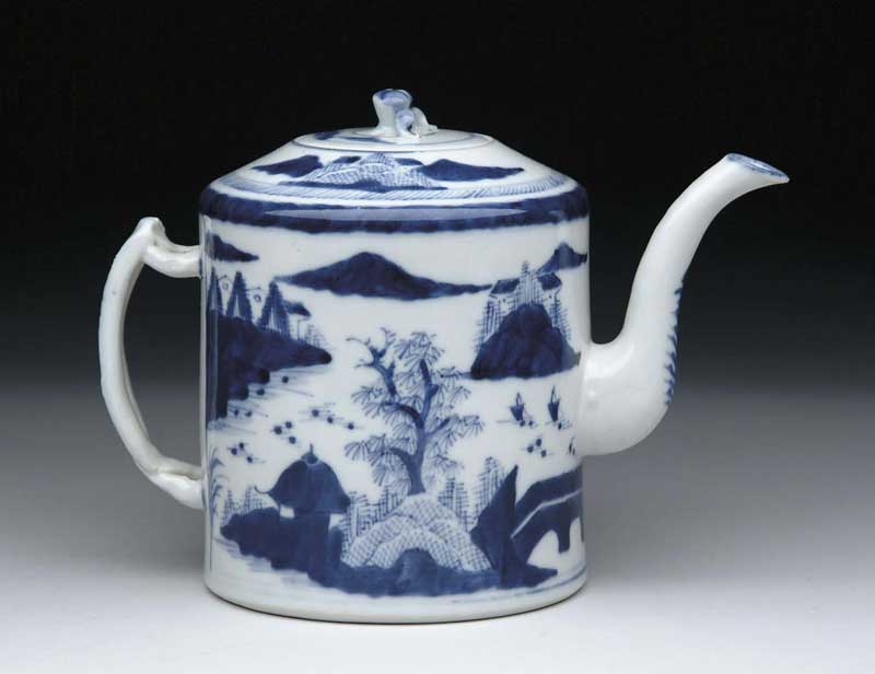 Appraisal: BLUE AND WHITE CANTON COVERED TEAPOT Large size with strap