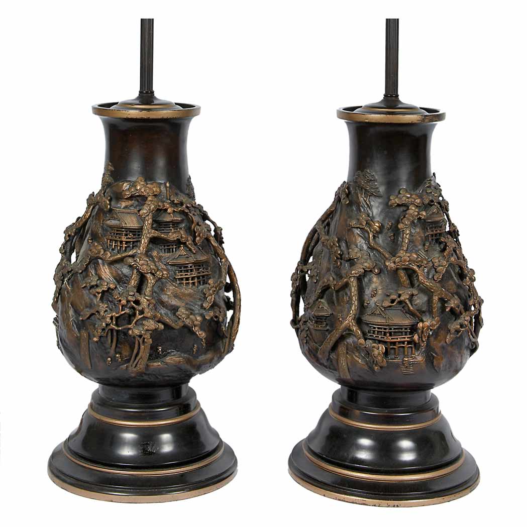 Appraisal: Pair of Japanese Bronze Lamps Modern Each of pyriform decorated