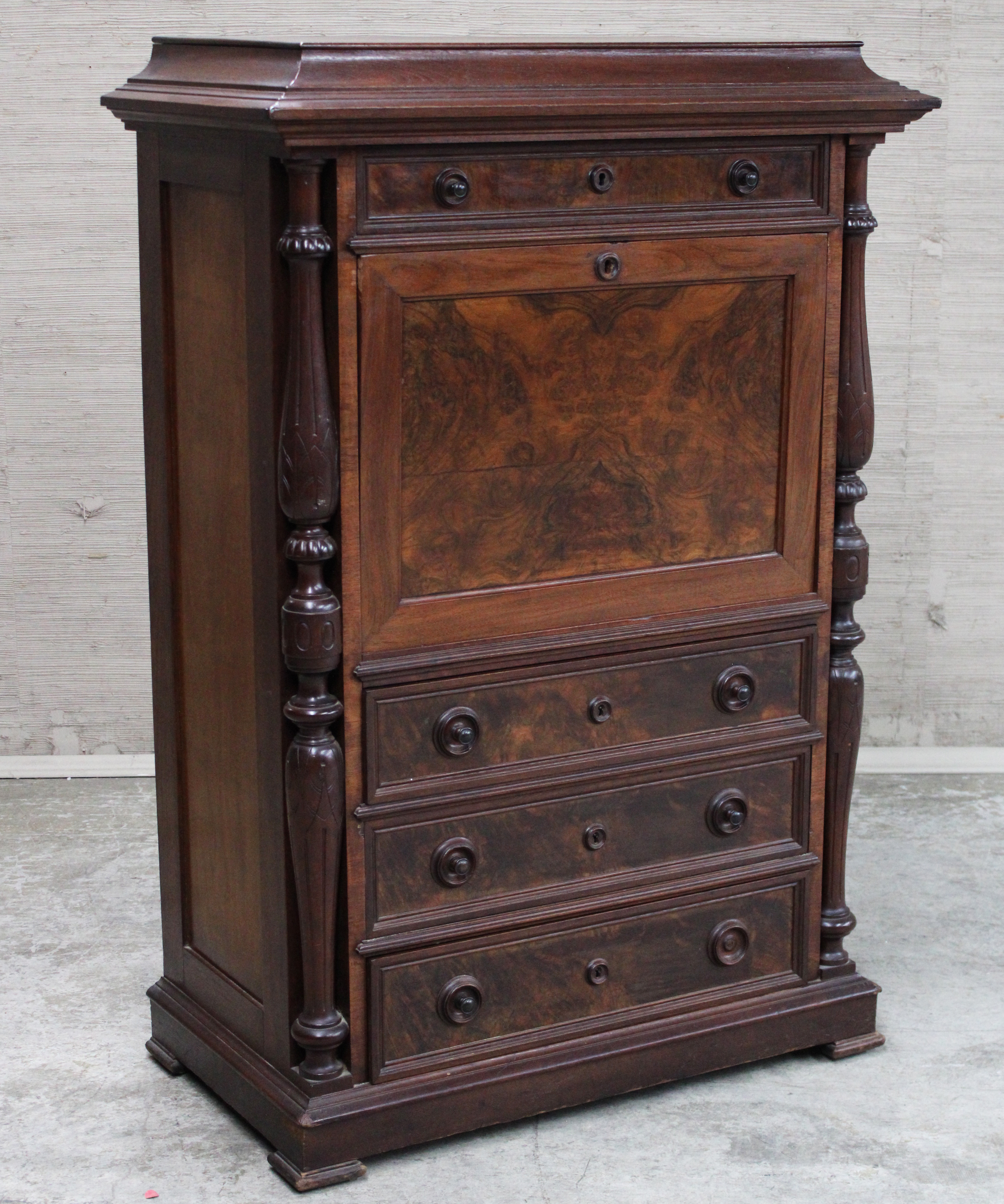 Appraisal: AMERICAN EASTLAKE BURL WALNUT SECRETAIRE ABATTANT American Eastlake burl walnut