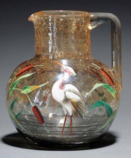 Appraisal: Moser Enameled Crackle Glass Pitcher Description Circa Condition Very Good