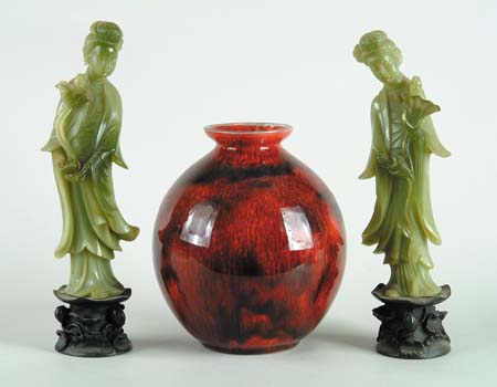 Appraisal: ART POTTERY FLAMB STYLE VASE AND TWO JADE STYLE FIGURINES