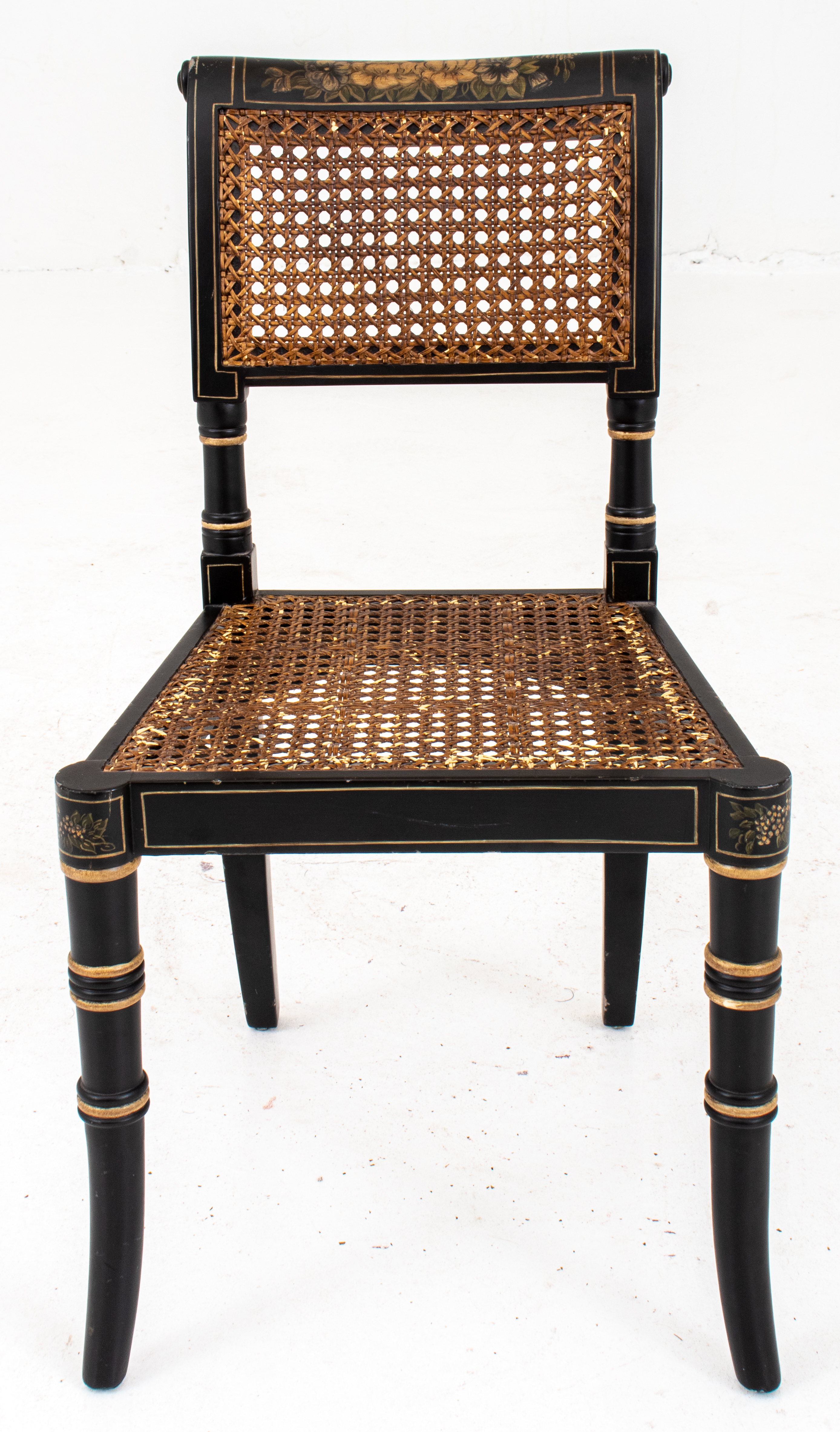 Appraisal: SHERATON STYLE EBONIZED WOOD CANE CHILD'S CHAIR Sheraton manner ebonized