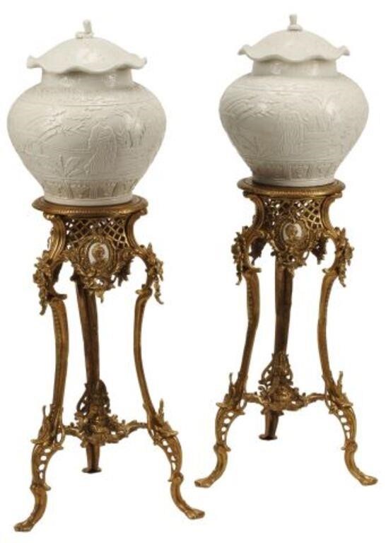 Appraisal: pair Chinese blanc de chine porcelain covered urns on bronze