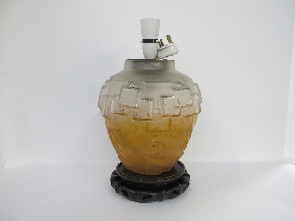 Appraisal: Art Deco moulded glass vase with orange stained decoration