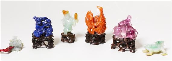 Appraisal: SIX SMALL CARVED GEMSTONE FIGURINES China Republic height to cm