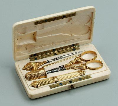 Appraisal: French gold and ivory sewing kit fitted ivory case one