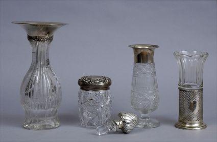 Appraisal: THREE SILVER-MOUNTED CUT-GLASS VASES AND A TOBACCO JAR Comprising a