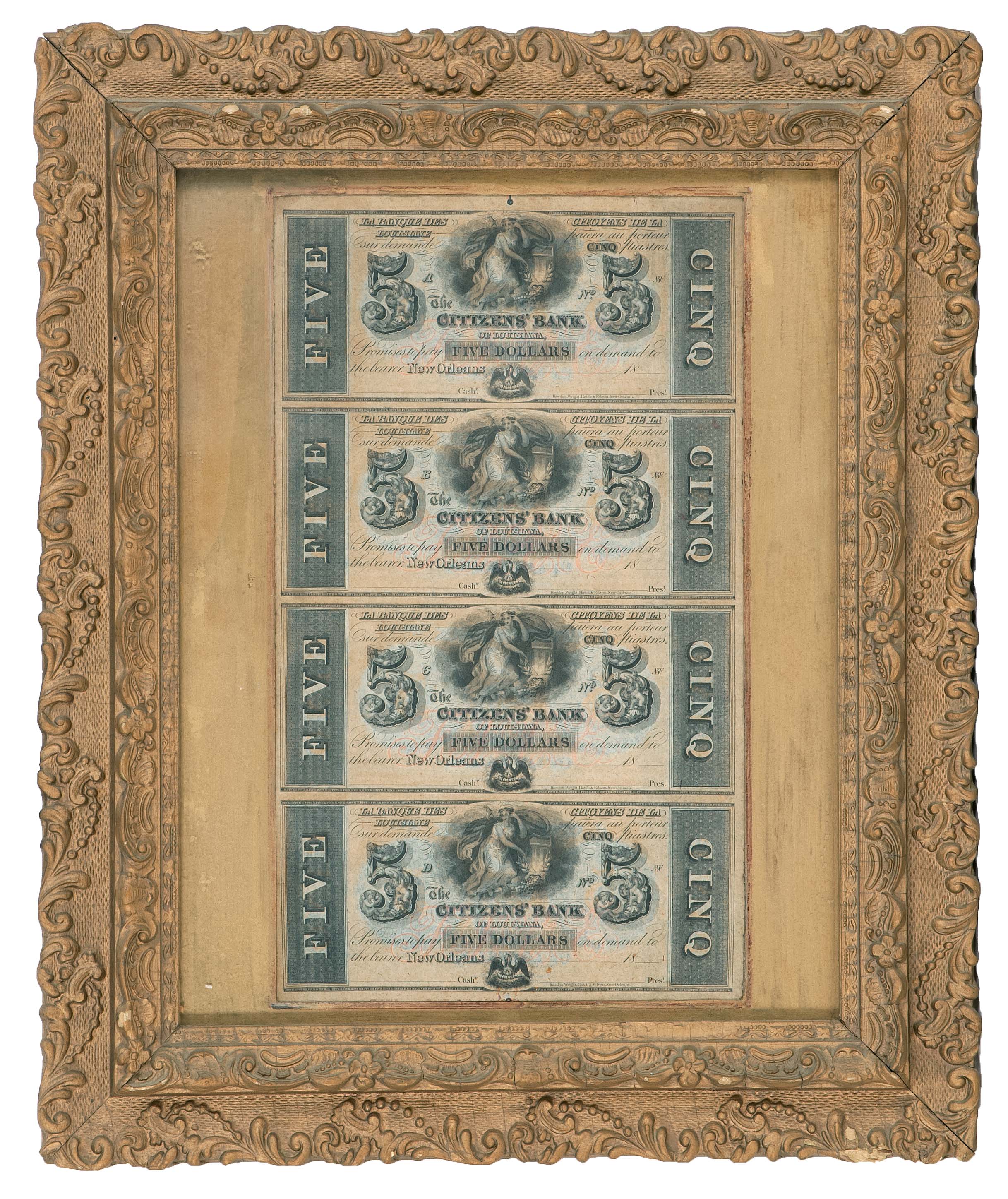 Appraisal: FOUR FRAMED LOUISIANA FIVE DOLLAR NOTES th CenturyFrame opening x