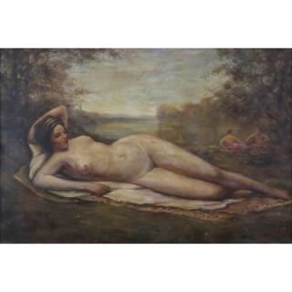 Appraisal: th Century Oil on Canvas Reclining Nude in Landscape Signed