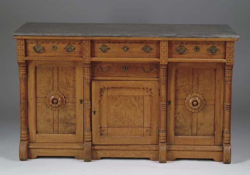 Appraisal: OAK AND BURL WALNUT MARBLE TOP SIDEBOARD Three drawers side