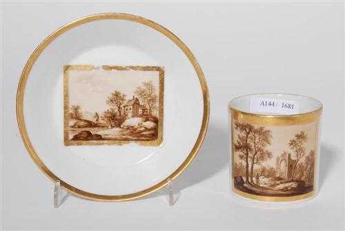 Appraisal: CUP AND SACUER WITH SEPIA SCENES F rstenberg circa Painted