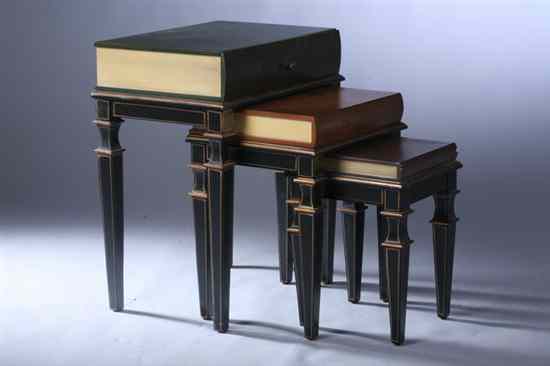 Appraisal: SET THREE NEOCLASSICAL STYLE BLACK-LACQUERED AND PARCEL-GILT NESTING TABLES Tooled