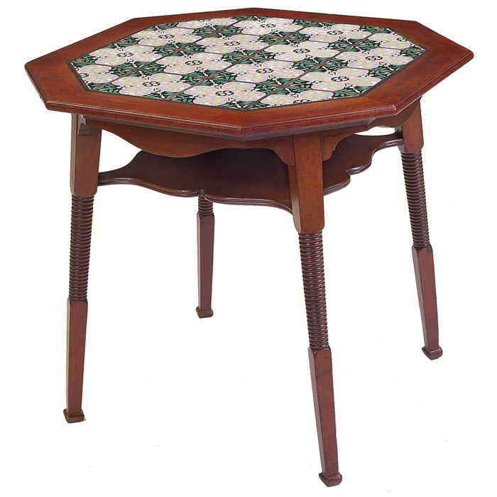 Appraisal: English Arts Crafts table in mahogany octagonal tile top over