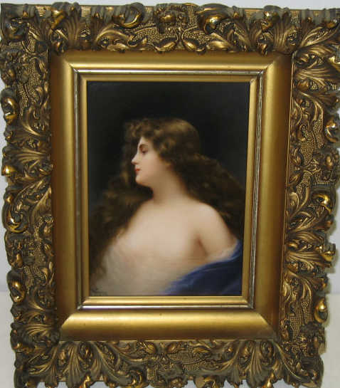 Appraisal: GERMAN PORTRAIT PAINTING ON PORCELAIN Profile of a female beauty