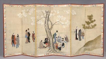 Appraisal: JAPANESE PAINTED PAPER SIX-FOLD SCREEN Depicting an outdoor Spring scene