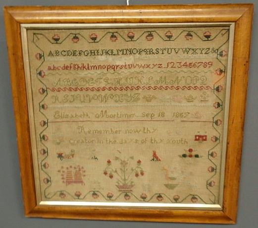 Appraisal: Sampler silk on linen wrought by Elizabeth Mortimer Sept and