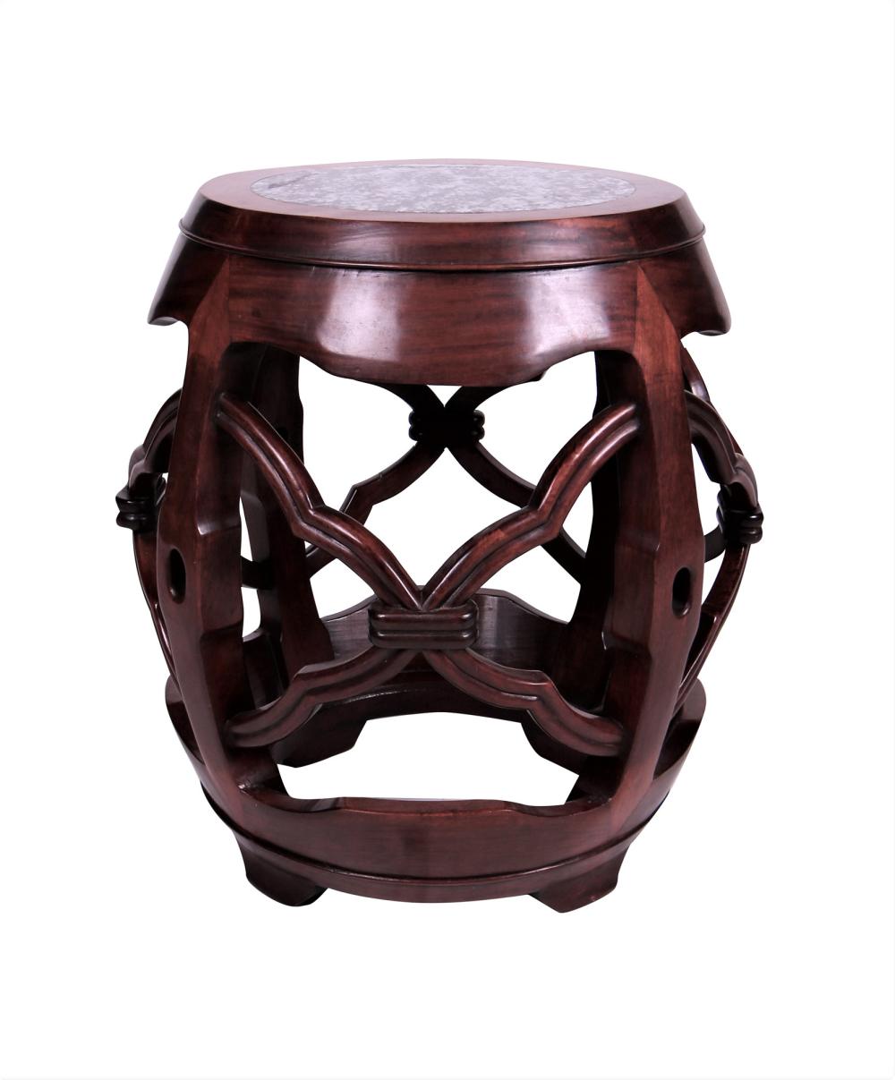 Appraisal: CHINESE MARBLE-INSET CARVED WOOD TABORETCondition scratches to top inches diameter