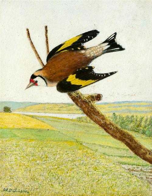 Appraisal: DIETRICH ADOLF Berlingen Goldfinch on a bare branch Oil on